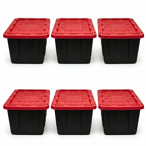 6 Pack 27 Gallon Heavy Duty Storage Bins with Snap Lids, Durable Plastic Storage Totes with Stackable Black Containers & Yellow Latching Covers for Home Garage Moving Organization