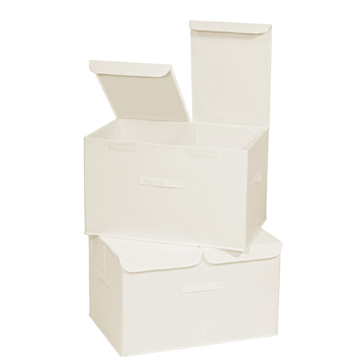 2 Pack Large Linen Fabric Collapsible Storage Bins with Lid and Handles, Washable Storage Box Baskets Cube with Removable Divider for Bedroom,Closet,Office,Living Room,Nursery (Black, Large)