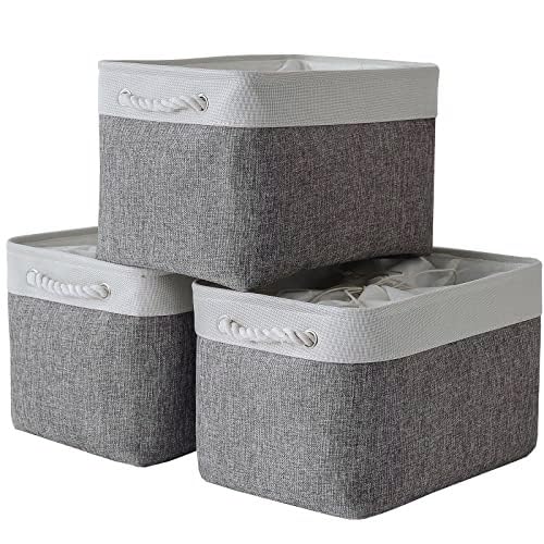 TheWarmHome Storage Basket for Organizing - Medium 3 Pack 14x10x7 inch Fabric Storage Cubes for Shelves with Rope, Collapsible Storage Bin for Organizer Closet Cloth Gift Toy (White & Jean Blue)
