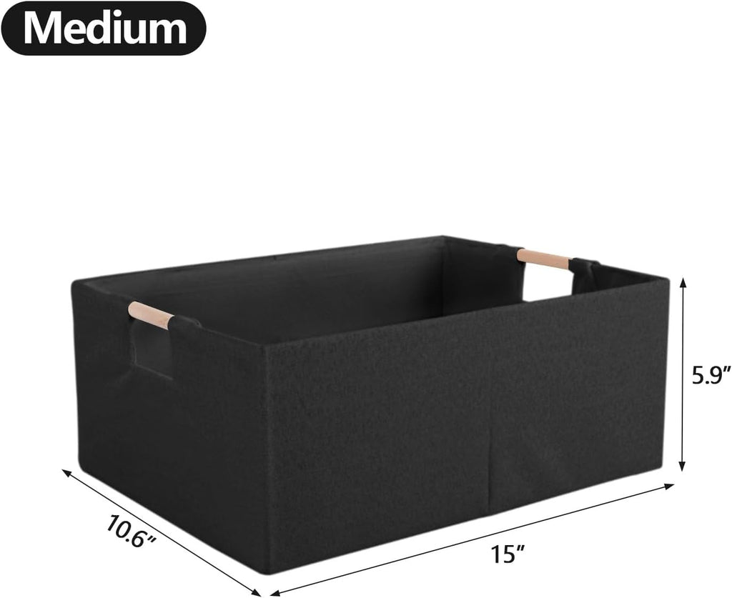 Fabric Storage Box, 15x11in Foldable Cotton Linen Basket with Wooden Handle