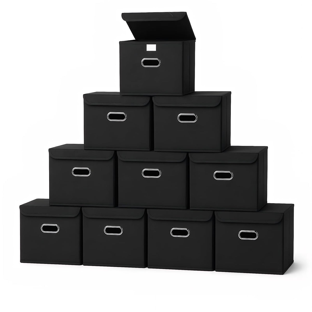 STOREONE Fabric Storage Cube Bins Foldable Organizer Container Collapsible Basket with Lids and Metal Handles, for Home, Bedroom, Closet 3 Pcs (Navy Blue)