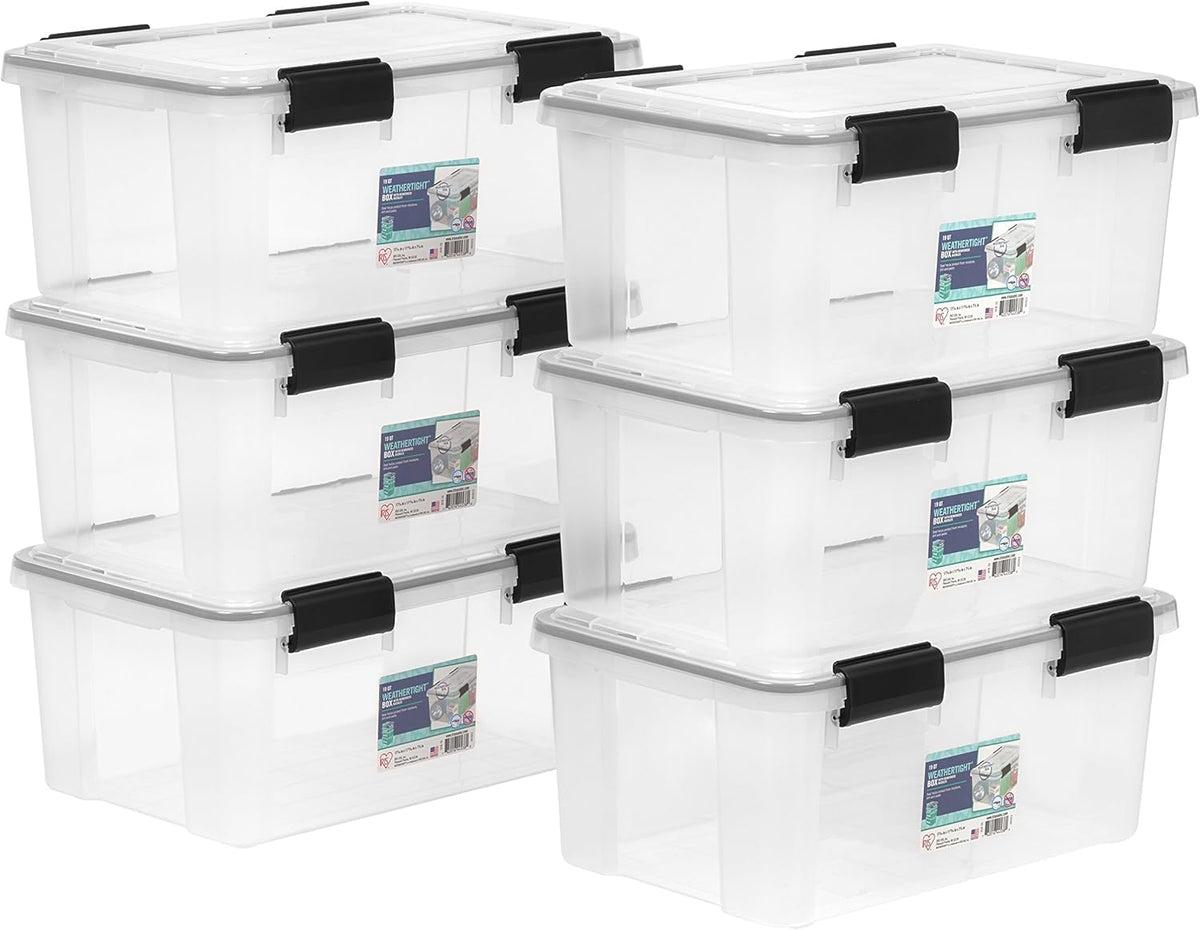IRIS USA 6-Pack 31 Qt Storage Bins with Gasket Lids, Clear/Black