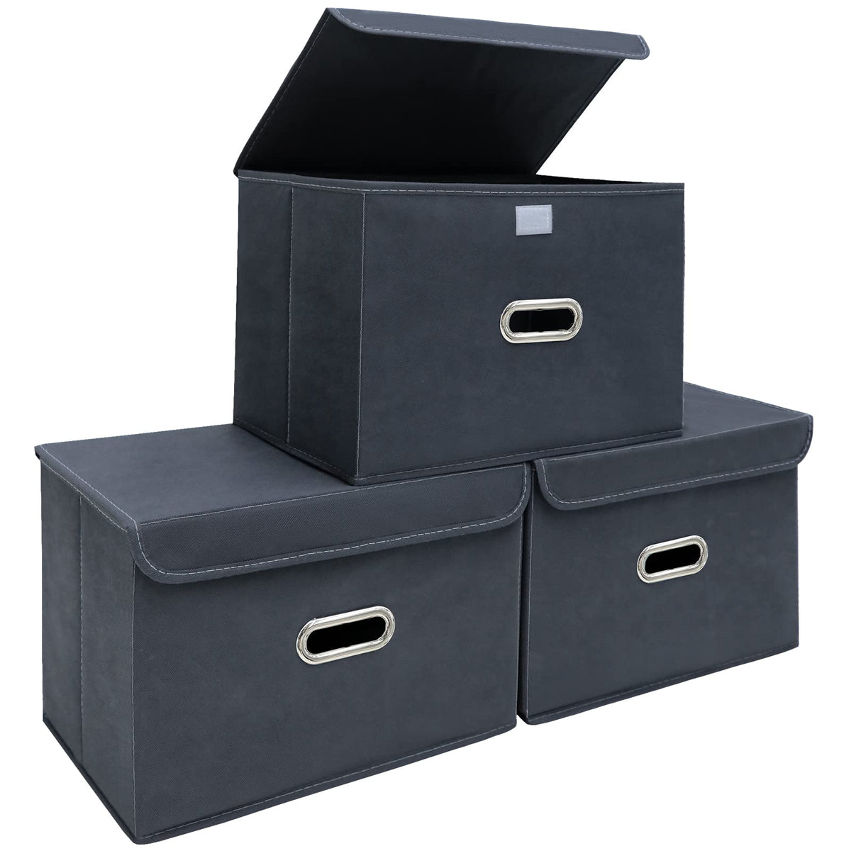 STOREONE Fabric Storage Cube Bins Foldable Organizer Container Collapsible Basket with Lids and Metal Handles, for Home, Bedroom, Closet 3 Pcs (Navy Blue)