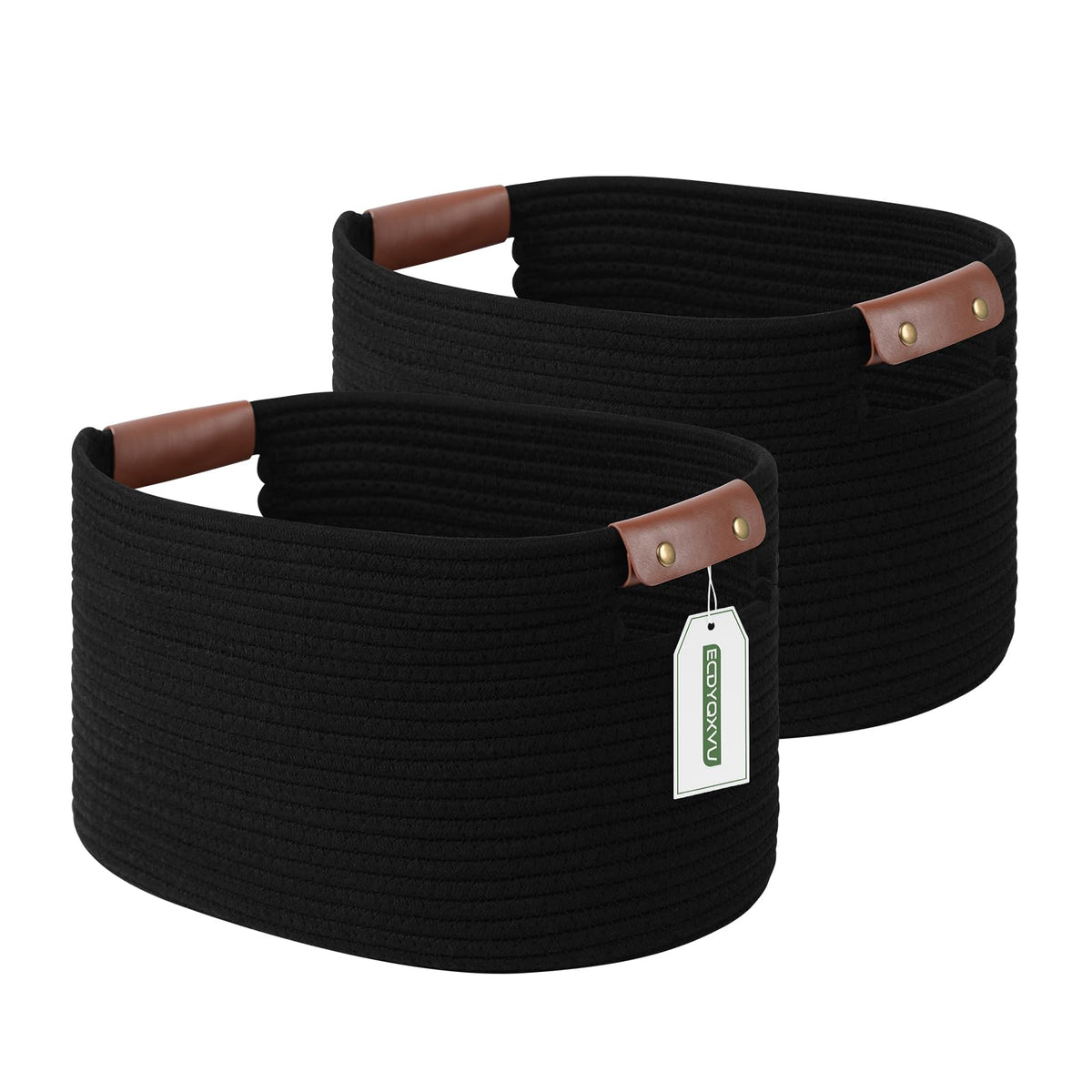 ECDYQXVU 15x10x9 Woven Cotton Rope Storage Basket, Leather Handles 1 Pack