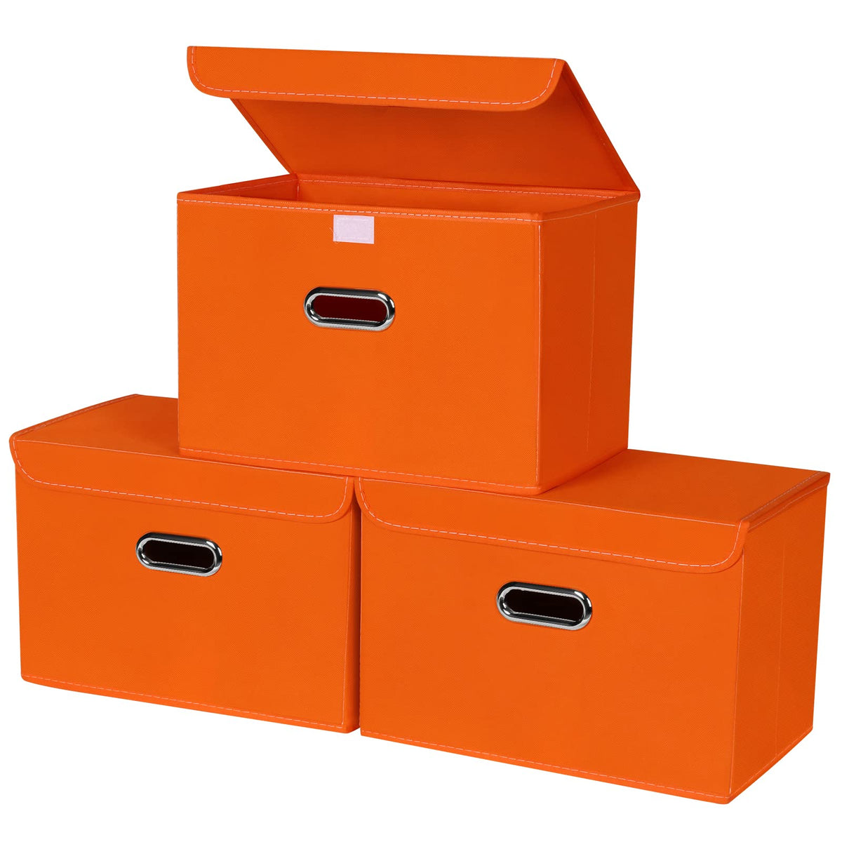 STOREONE Fabric Storage Cube Bins Foldable Organizer Container Collapsible Basket with Lids and Metal Handles, for Home, Bedroom, Closet 3 Pcs (Navy Blue)