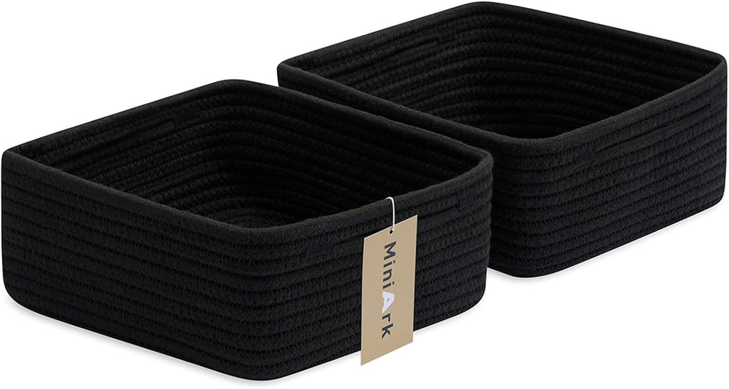 MiniArk Small Square Shallow Baskets for Organizing, 9.7x9.7x4.3 Inch Rope Woven Storage Bins for Cubes Closet, Shelves Storage, Boho Decorative Basket, 2 Packs Black