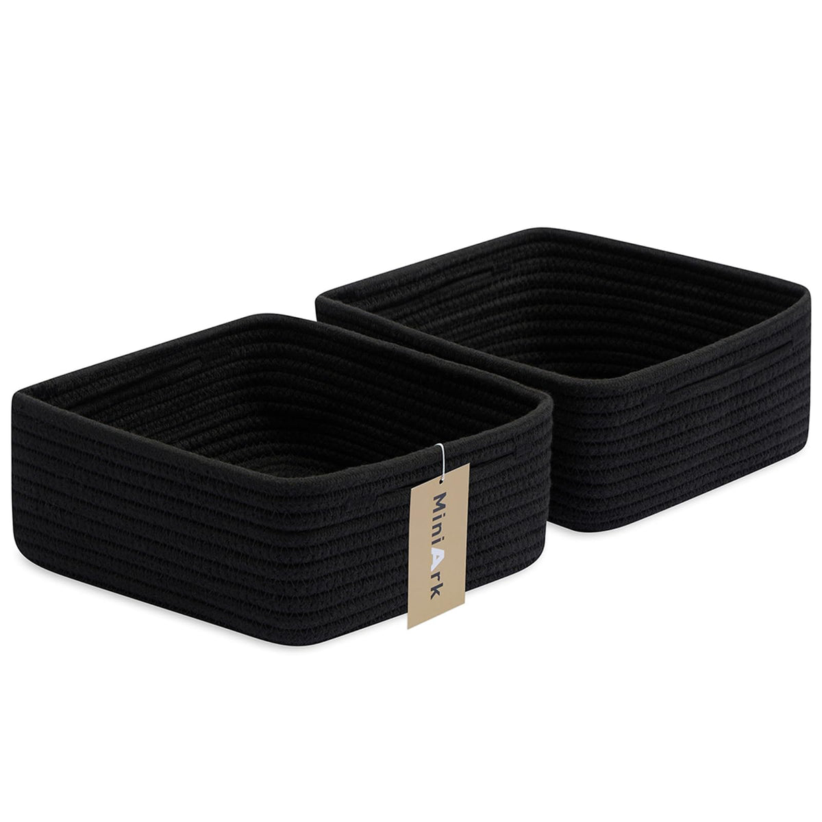 MiniArk Small Square Shallow Baskets for Organizing, 9.7x9.7x4.3 Inch Rope Woven Storage Bins for Cubes Closet, Shelves Storage, Boho Decorative Basket, 2 Packs Black