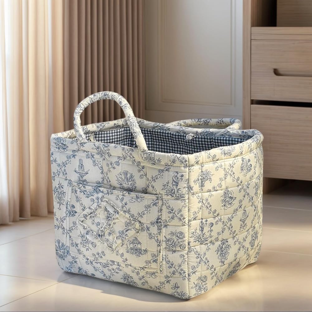 Foldable Laundry Basket Boho Bear Storage Basket Floral Quilted Fabric Car Storage Basket Handles Large Laundry Baskets for Clothes and Dolls