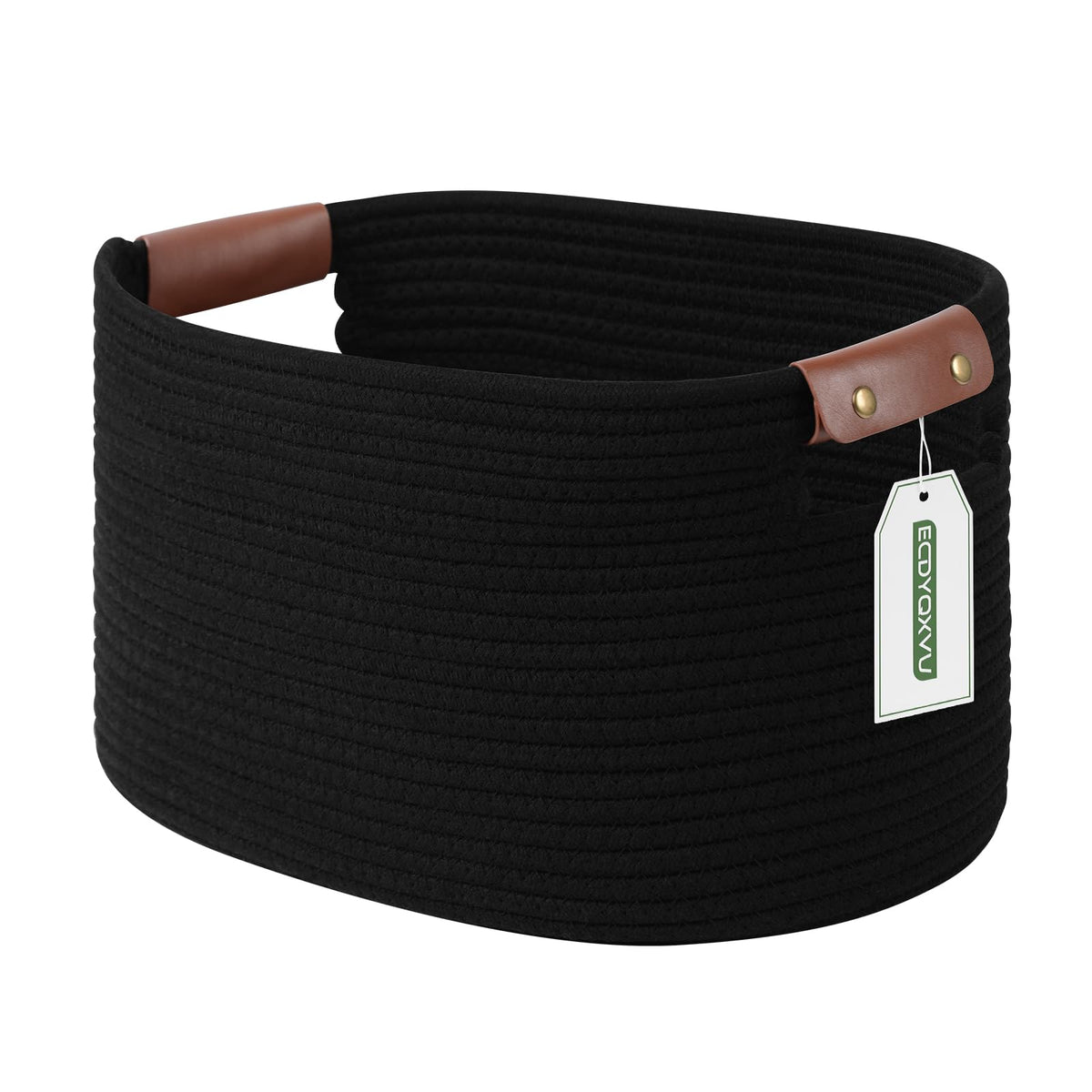 ECDYQXVU 15x10x9 Woven Cotton Rope Storage Basket, Leather Handles 1 Pack
