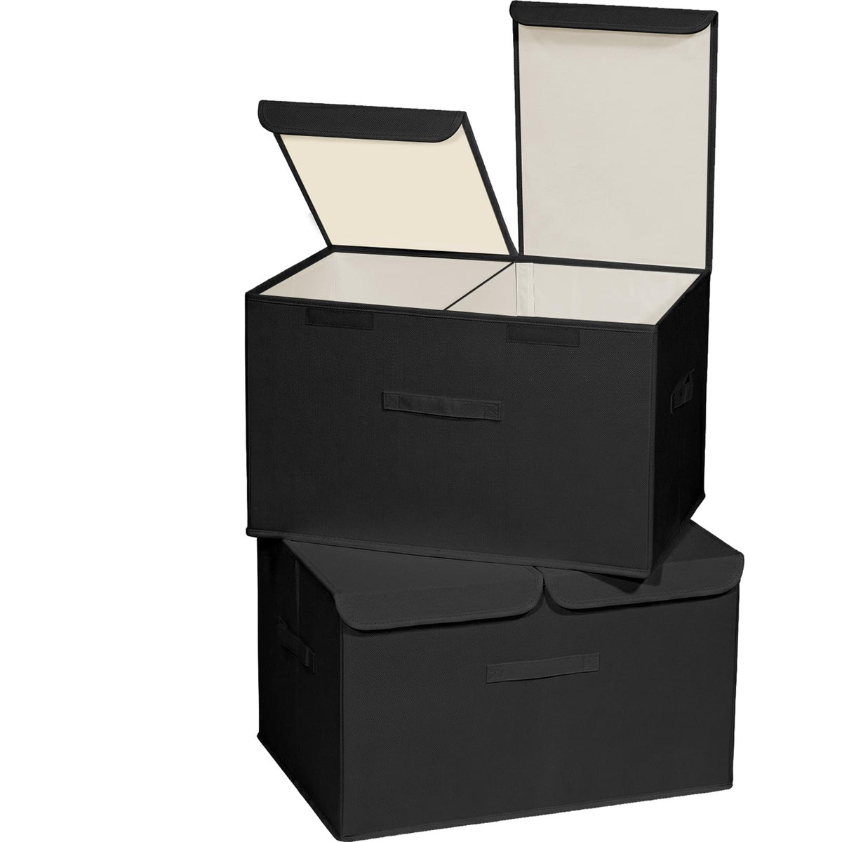 2 Pack Large Linen Fabric Collapsible Storage Bins with Lid and Handles, Washable Storage Box Baskets Cube with Removable Divider for Bedroom,Closet,Office,Living Room,Nursery (Black, Large)
