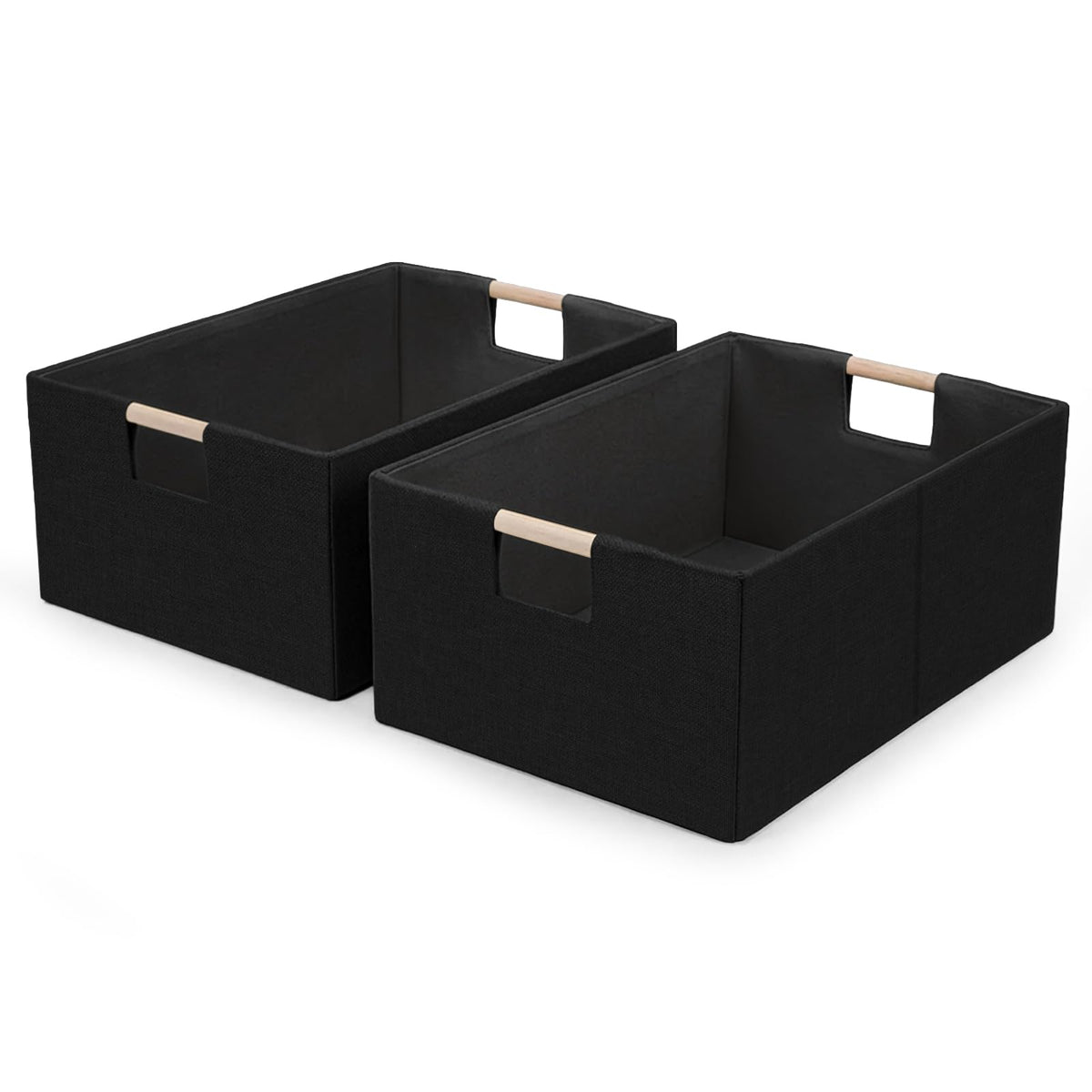 Foldable Fabric Storage Cubes, Cloth Storage Baskets with Wooden Handles, Shelf Closet Organizer Bins, Rectangular Linen Storage Boxes for Decor, 16.5 x 12.2 x 6.7 Inches