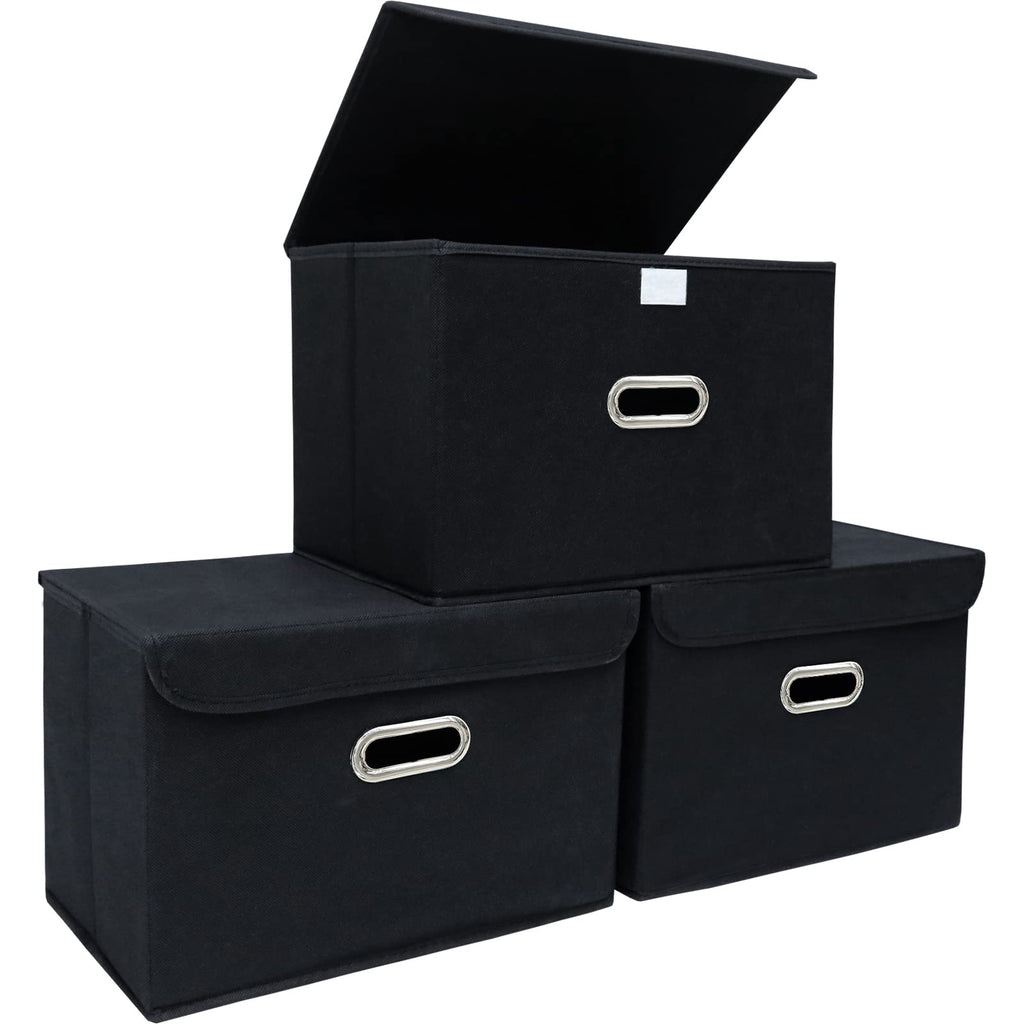 STOREONE Fabric Storage Cube Bins Foldable Organizer Container Collapsible Basket with Lids and Metal Handles, for Home, Bedroom, Closet 3 Pcs (Navy Blue)