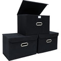 STOREONE Fabric Storage Cube Bins Foldable Organizer Container Collapsible Basket with Lids and Metal Handles, for Home, Bedroom, Closet 3 Pcs (Navy Blue)