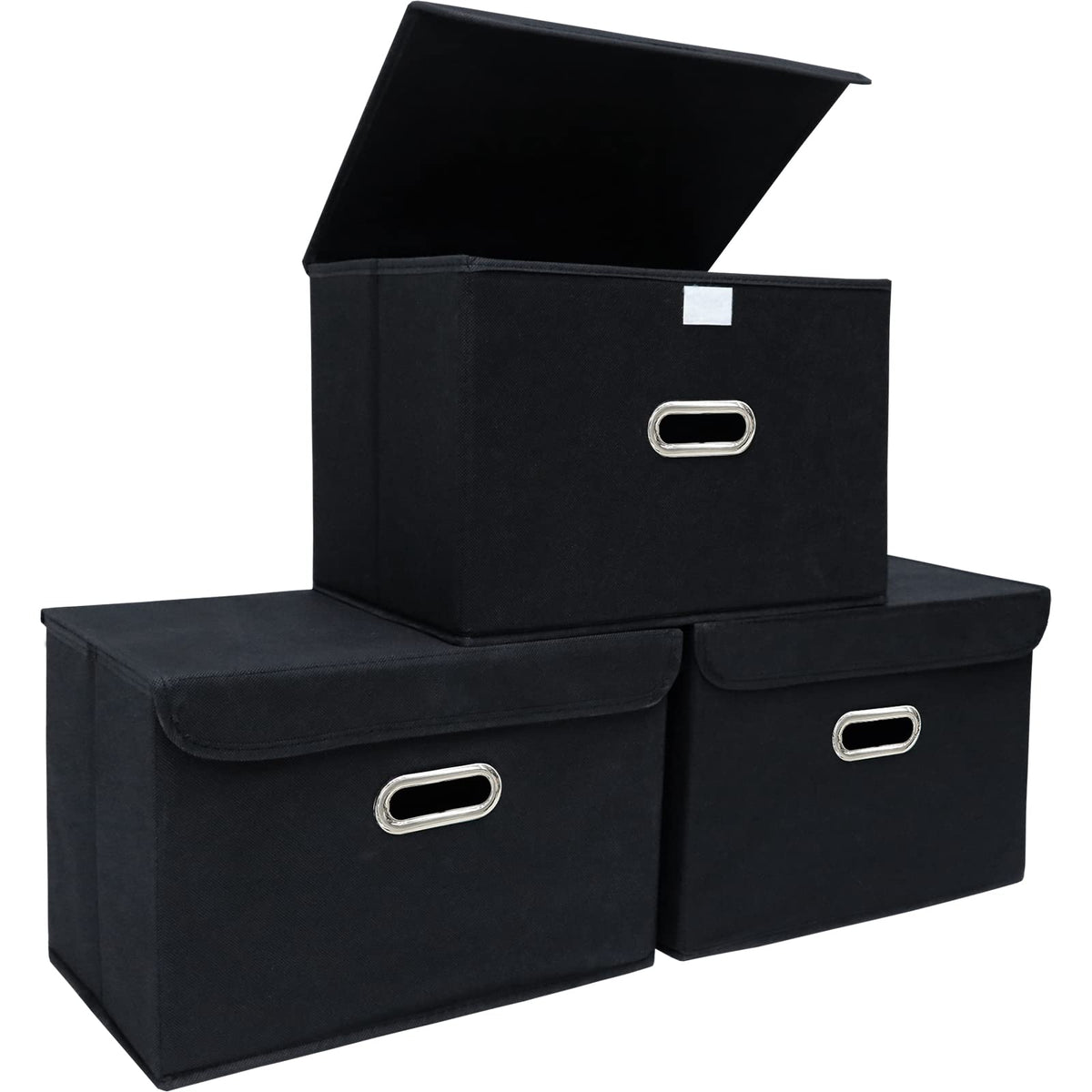 STOREONE Fabric Storage Cube Bins Foldable Organizer Container Collapsible Basket with Lids and Metal Handles, for Home, Bedroom, Closet 3 Pcs (Navy Blue)