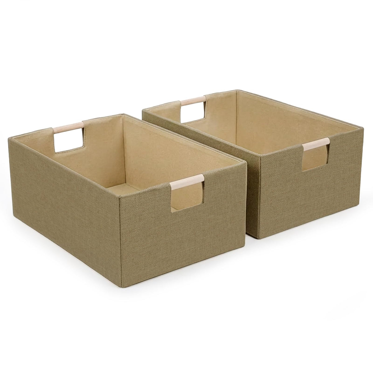 Foldable Fabric Storage Baskets Set of 2 for Shelves, Linen Decorative Storage Bins with Wooden Handles, Small Organizer Cubes for Closet, Rectangle Canvas Boxes for Organizing, Decor (Beige 2 Pack)