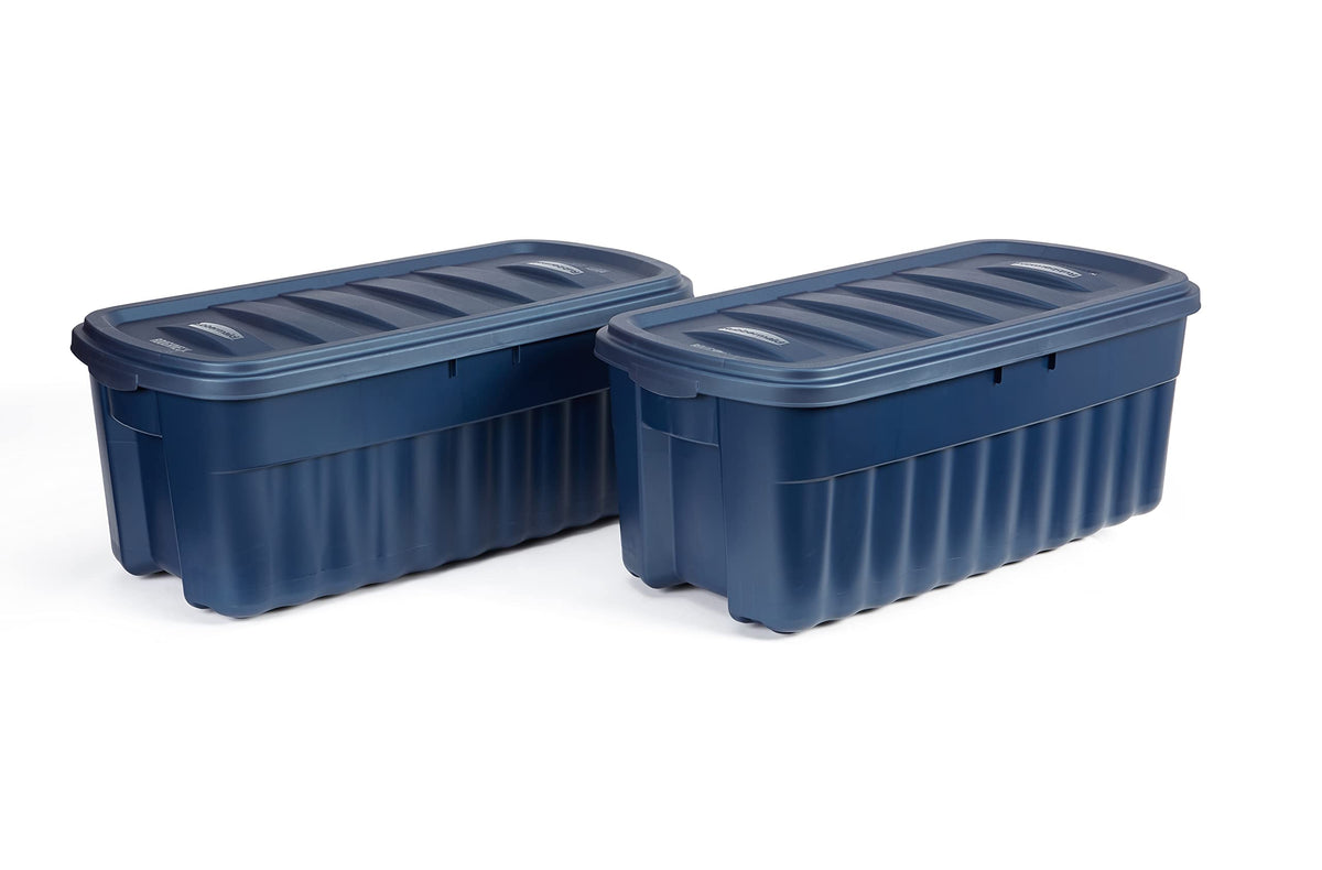 Rubbermaid Roughneck Tote 14 Gal, 6 Pack, Made in USA, Dark Indigo Metallic, Rugged Plastic Stackable Storage Bins with Lids and Handles