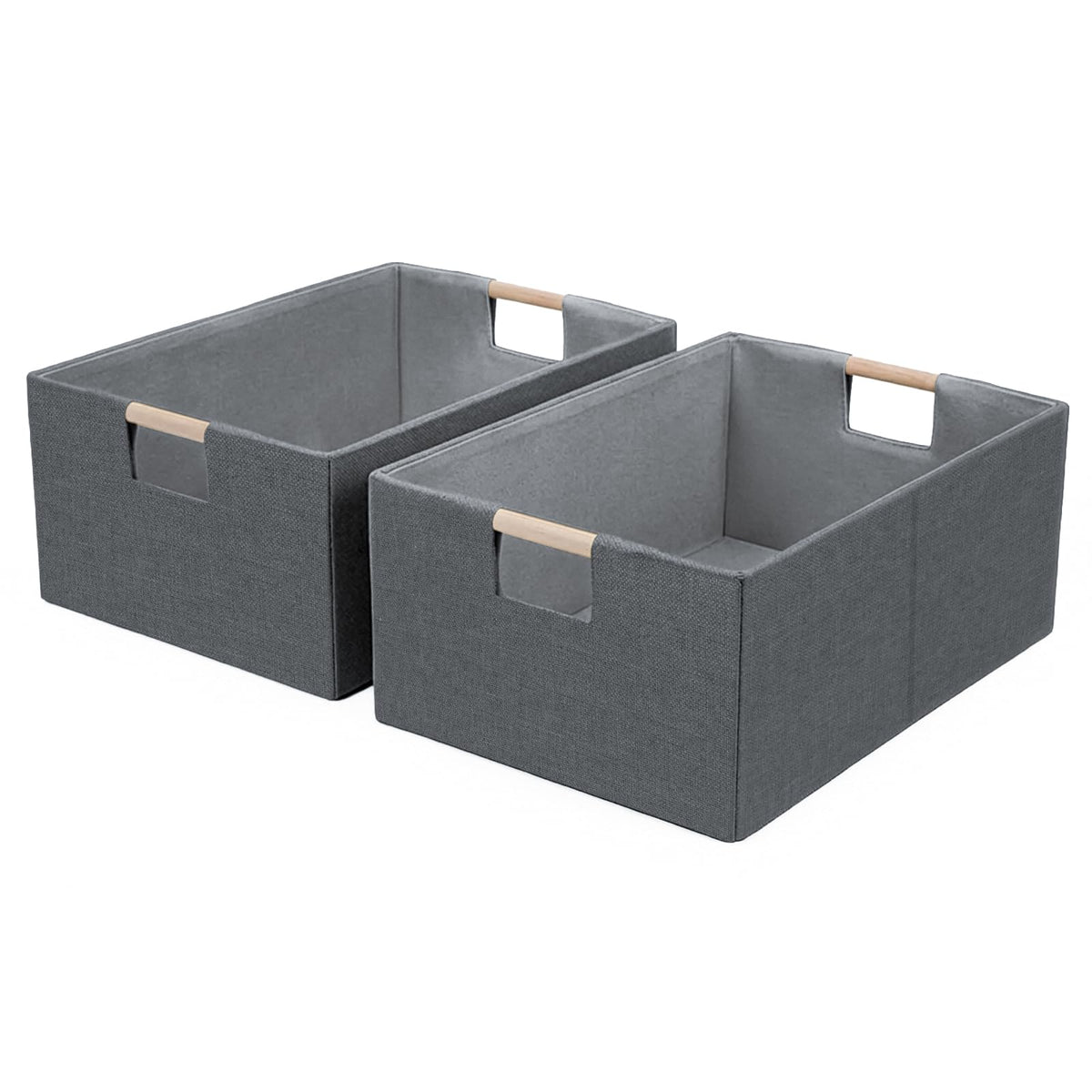 Foldable Fabric Storage Cubes, Cloth Storage Baskets with Wooden Handles, Shelf Closet Organizer Bins, Rectangular Linen Storage Boxes for Decor, 16.5 x 12.2 x 6.7 Inches