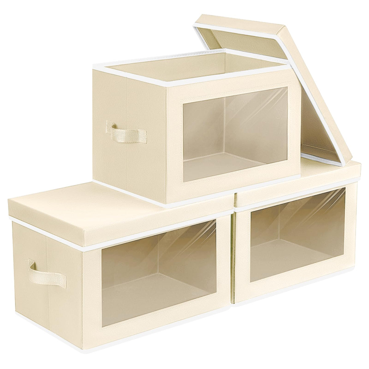 Homsorout Storage Bins with Lids - Fabric Closet Storage Bins with Window, Collapsible Baskets for Shelves 4 Pack, Home Decorative Boxes for Clothes, Closet, Office, Beige