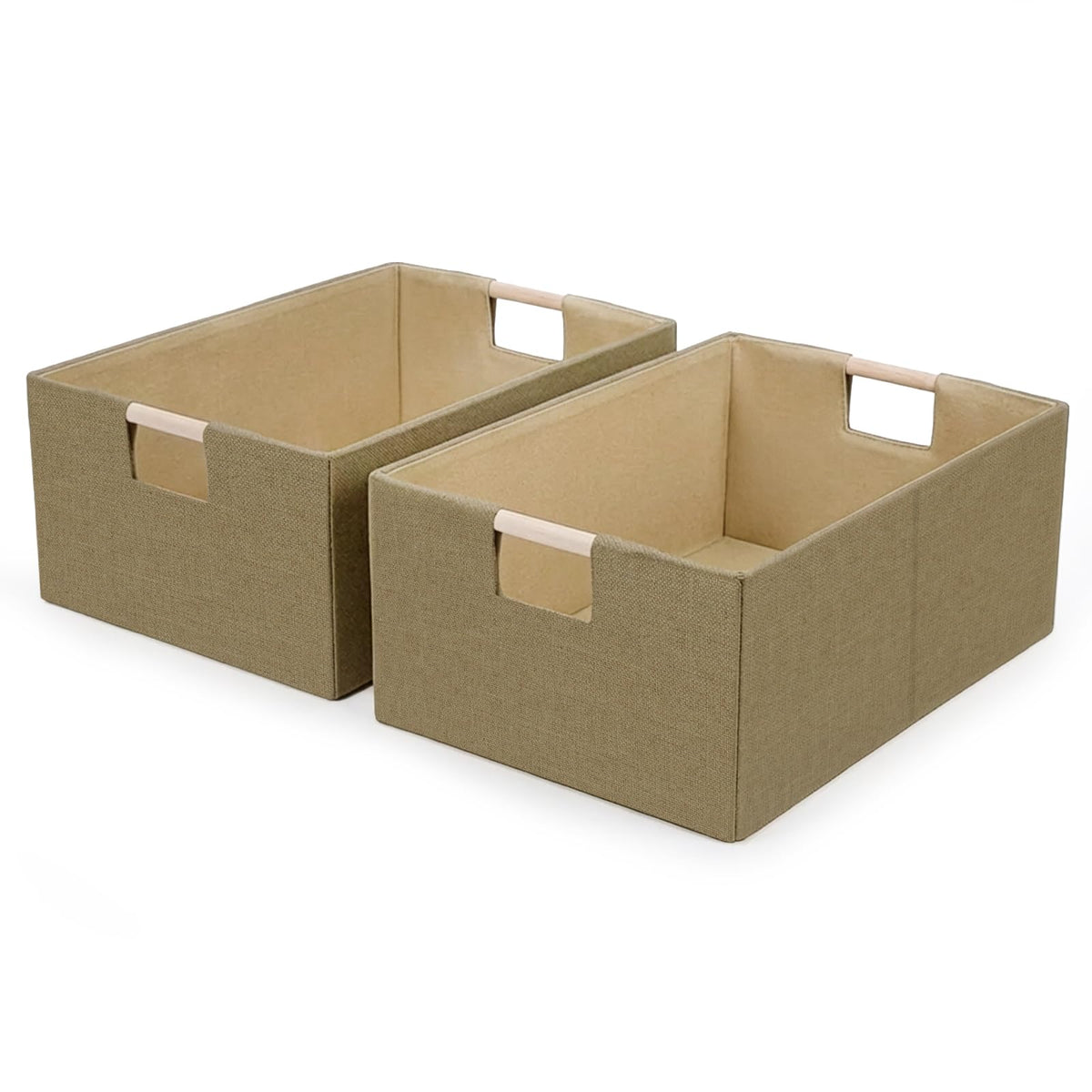 Foldable Fabric Storage Cubes, Cloth Storage Baskets with Wooden Handles, Shelf Closet Organizer Bins, Rectangular Linen Storage Boxes for Decor, 16.5 x 12.2 x 6.7 Inches