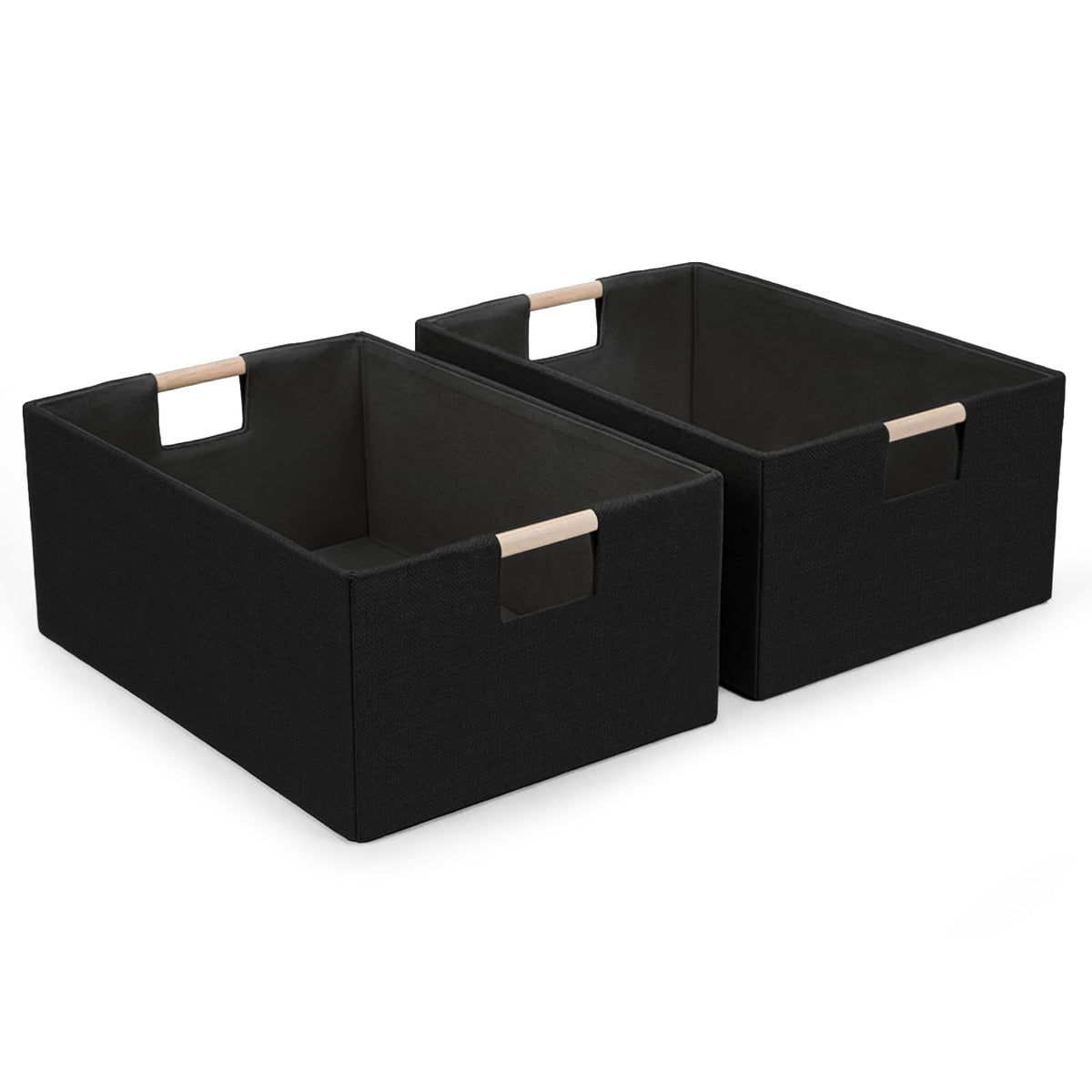 Foldable Fabric Storage Baskets Set of 2 for Shelves, Linen Decorative Storage Bins with Wooden Handles, Small Organizer Cubes for Closet, Rectangle Canvas Boxes for Organizing, Decor (Beige 2 Pack)