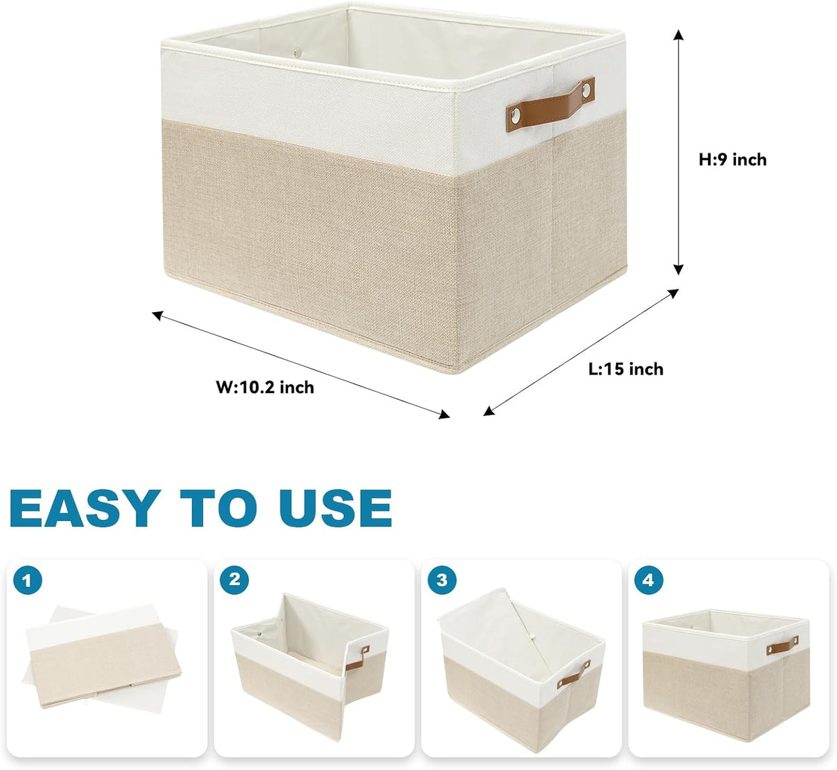 6 Pack Fabric Storage Baskets with Handles (White with Beige,15" L*10.2" W*9" H)