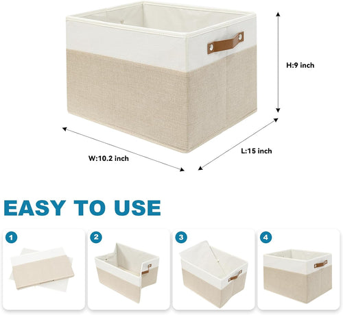 6 Pack Fabric Storage Baskets with Handles (White with Beige,15" L*10.2" W*9" H)