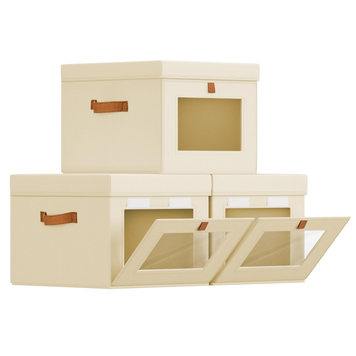 Homsorout Storage Bins with Lid – Closet Organizer with Side Opening and Clear Window, Foldable Stackable Fabric Basket for Clothes Storage, Bedroom, Nursery, Office, 3 Pack, Beige