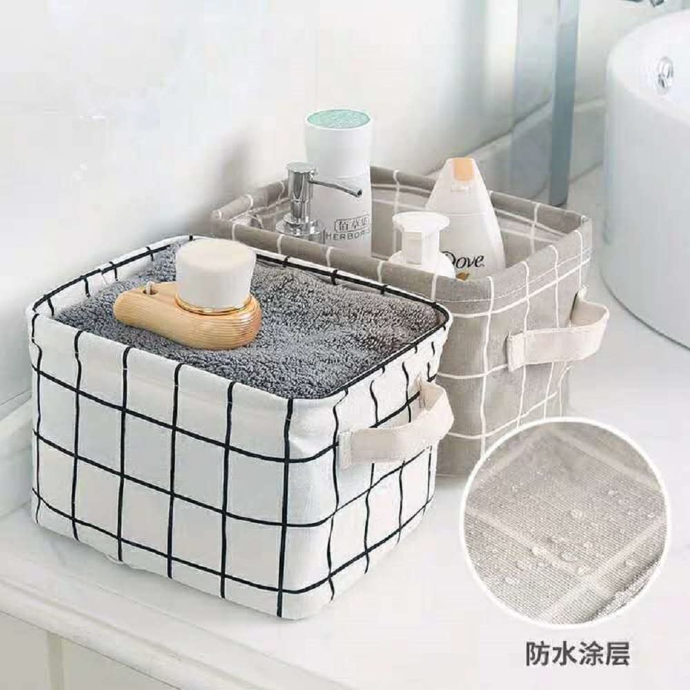 FocuH Stylish Storage Basket Cotton and Linen Fabric Mini Storage Cubes Nursery Storage Baskets with Handles for Shelves & Desks (Set of 3)