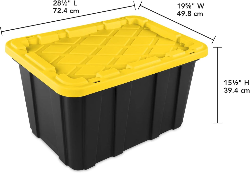 6 Pack 27 Gallon Heavy Duty Storage Bins with Snap Lids, Durable Plastic Storage Totes with Stackable Black Containers & Yellow Latching Covers for Home Garage Moving Organization
