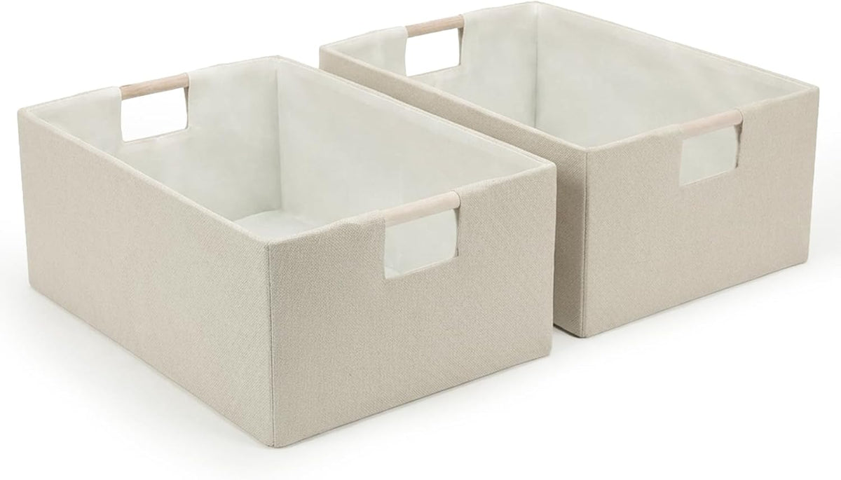 Foldable Fabric Storage Baskets Set of 2 for Shelves, Linen Decorative Storage Bins with Wooden Handles, Small Organizer Cubes for Closet, Rectangle Canvas Boxes for Organizing, Decor (Beige 2 Pack)