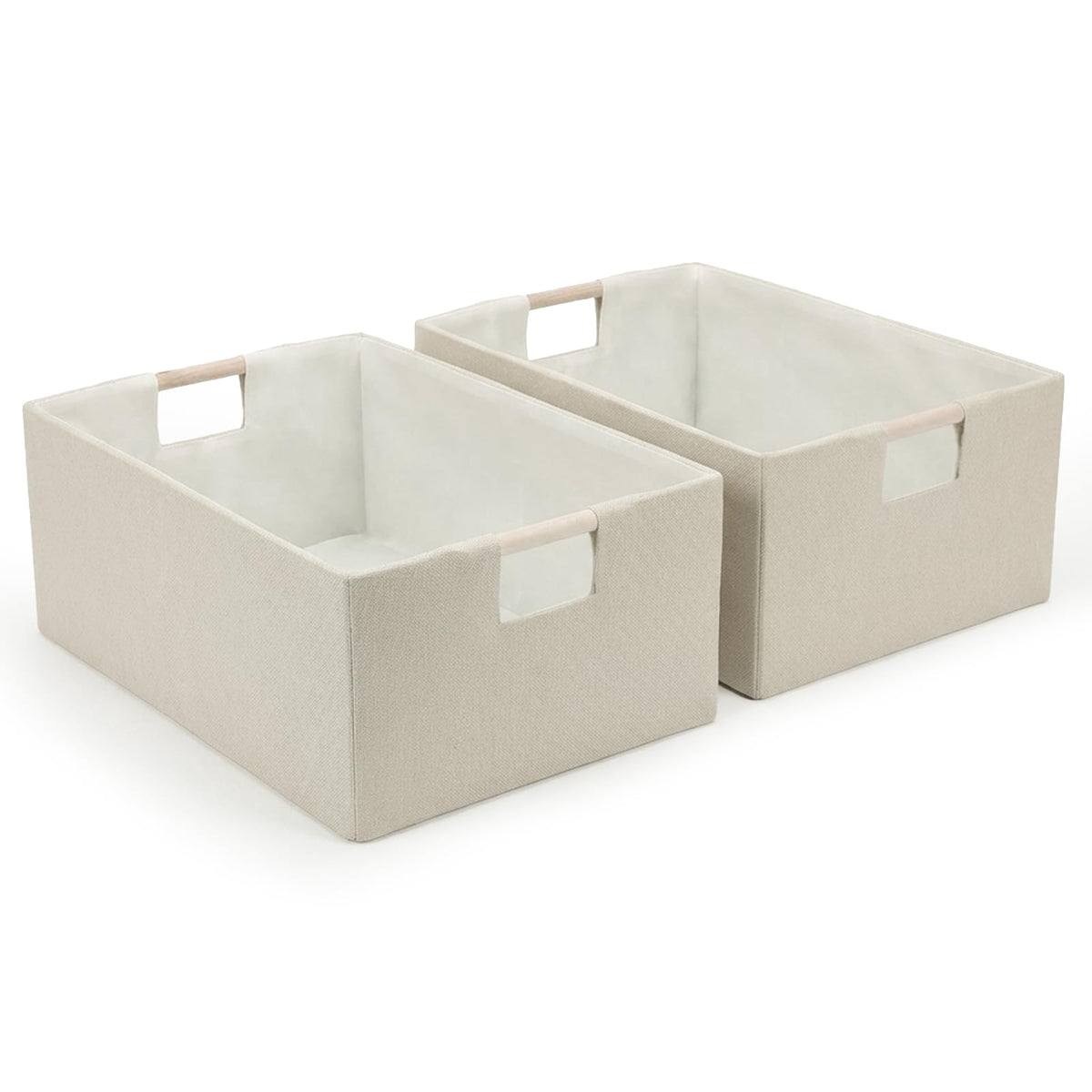 Foldable Fabric Storage Baskets Set of 2 for Shelves, Linen Decorative Storage Bins with Wooden Handles, Small Organizer Cubes for Closet, Rectangle Canvas Boxes for Organizing, Decor (Beige 2 Pack)