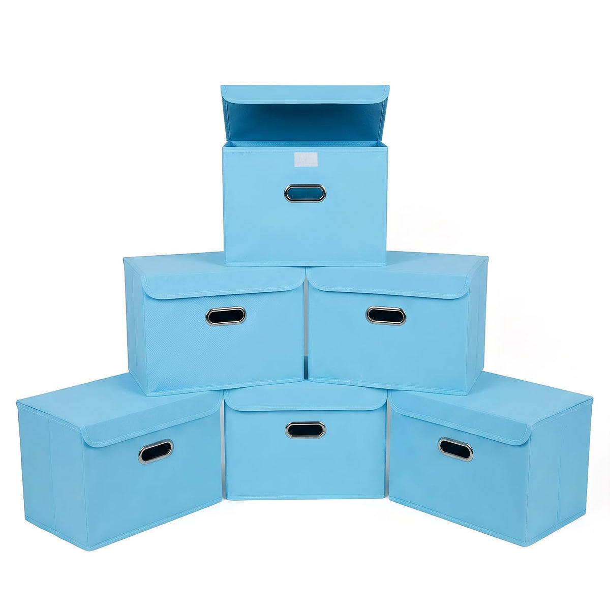 STOREONE Fabric Storage Cube Bins Foldable Organizer Container Collapsible Basket with Lids and Metal Handles, for Home, Bedroom, Closet 3 Pcs (Navy Blue)
