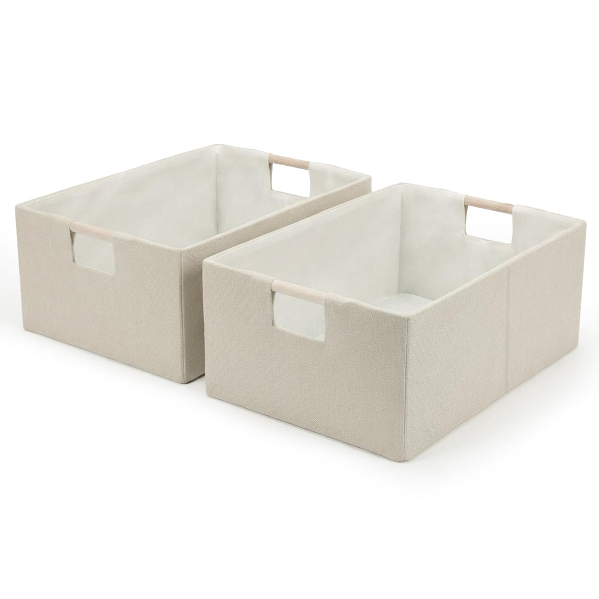 Foldable Fabric Storage Cubes, Cloth Storage Baskets with Wooden Handles, Shelf Closet Organizer Bins, Rectangular Linen Storage Boxes for Decor, 16.5 x 12.2 x 6.7 Inches