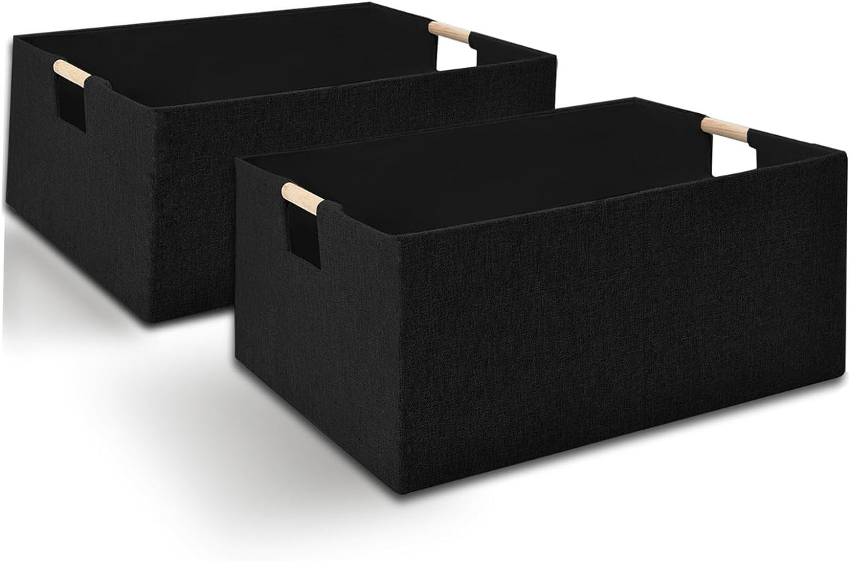 xianshengle Fabric Storage Basket for Shelves, Collapsible Storage Bins with wood Handles, Rectangle Closet Baskets, Wardrobe Organiser, for Sorting Clothes, Family Items (Black) (1)