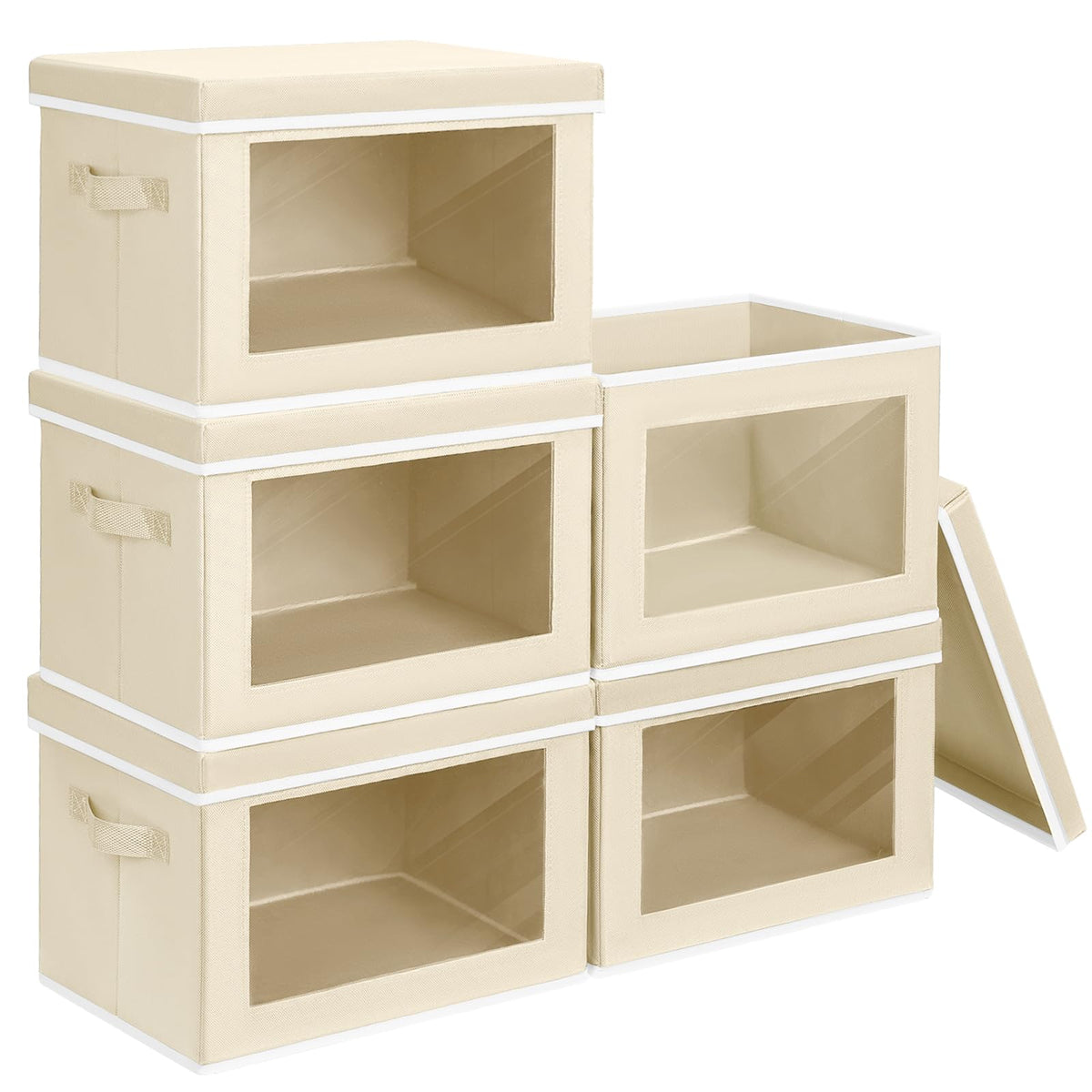 Homsorout Storage Bins with Lids - Fabric Closet Storage Bins with Window, Collapsible Baskets for Shelves 4 Pack, Home Decorative Boxes for Clothes, Closet, Office, Beige