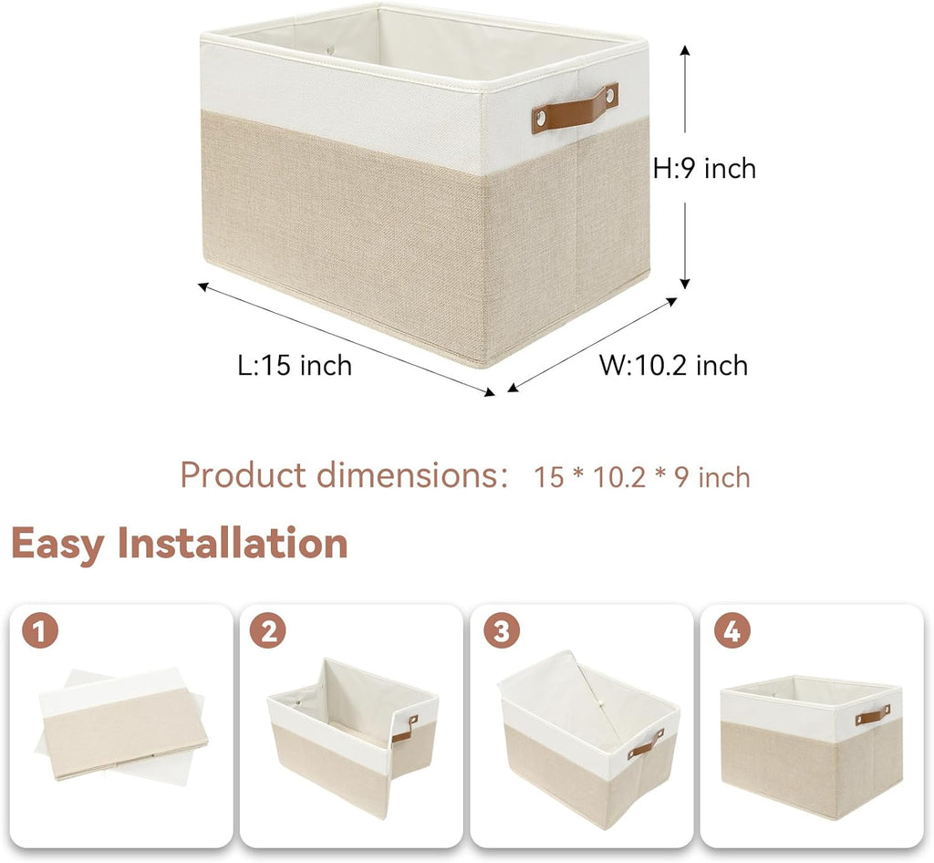 SNWDN 6 Pack Collapsible Fabric Storage Baskets with Handles (White/Beige 15''Lx10.2''Wx9''H)