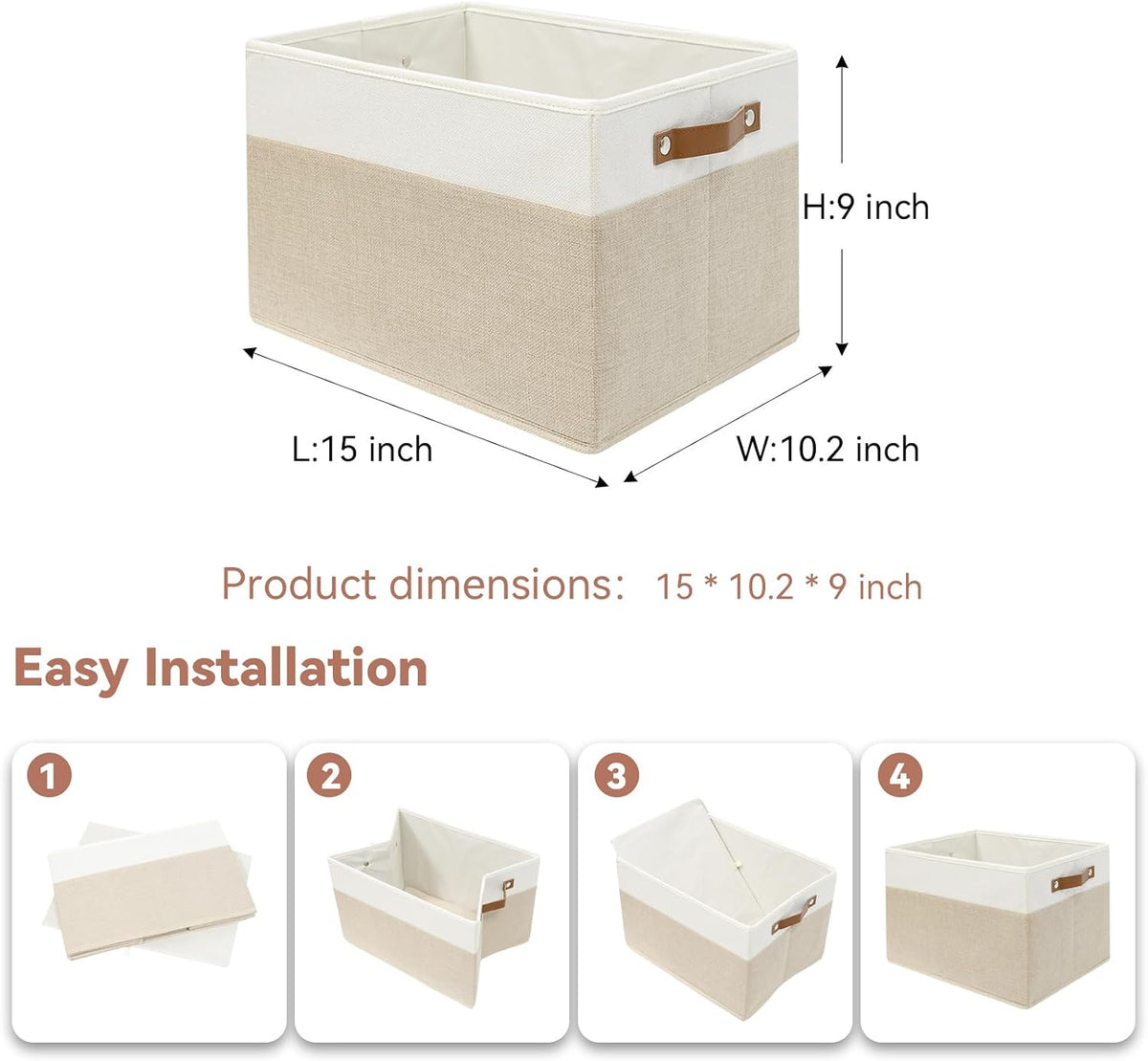 SNWDN 6 Pack Collapsible Fabric Storage Baskets with Handles (White/Beige 15''Lx10.2''Wx9''H)