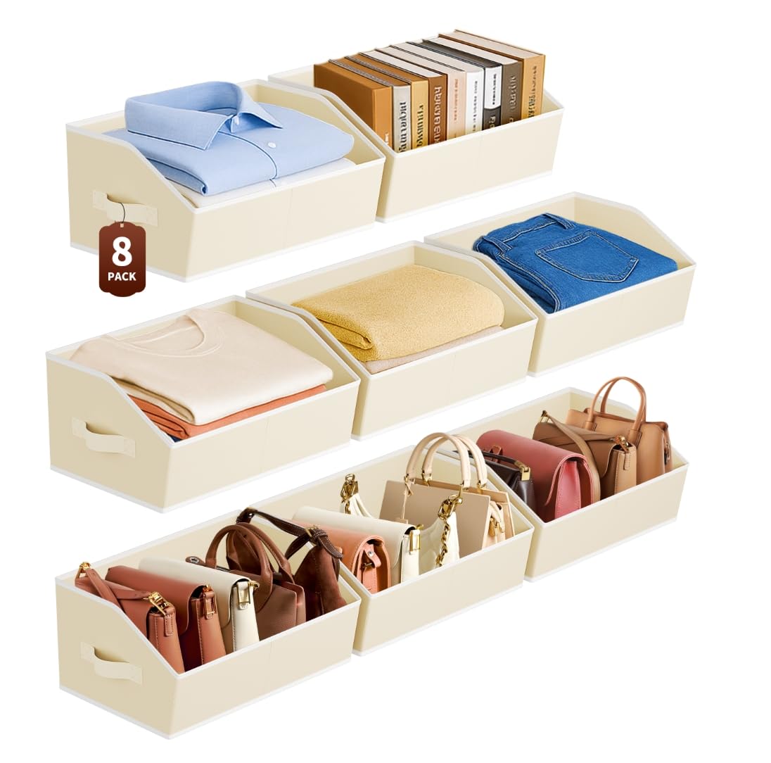 Homsorout Large Closet Organizers and Storage Bins - 8 Pack Trapezoid Storage Baskets for Shelves, Foldable Fabric Baskets with Handles Ideal for Closet, Basket, Wardrobe and Shelf Storage, Beige