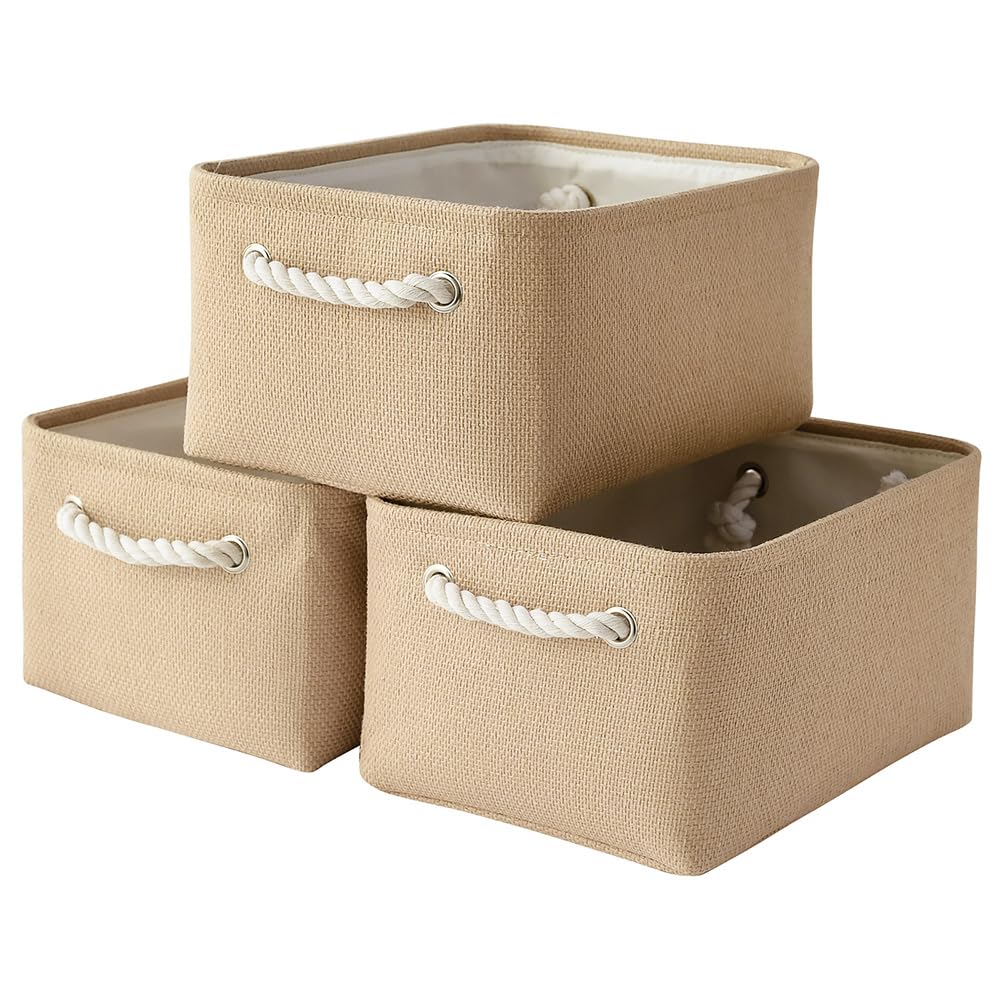 TheWarmHome Storage Basket for Organizing - Medium 3 Pack 14x10x7 inch Fabric Storage Cubes for Shelves with Rope, Collapsible Storage Bin for Organizer Closet Cloth Gift Toy (White & Jean Blue)