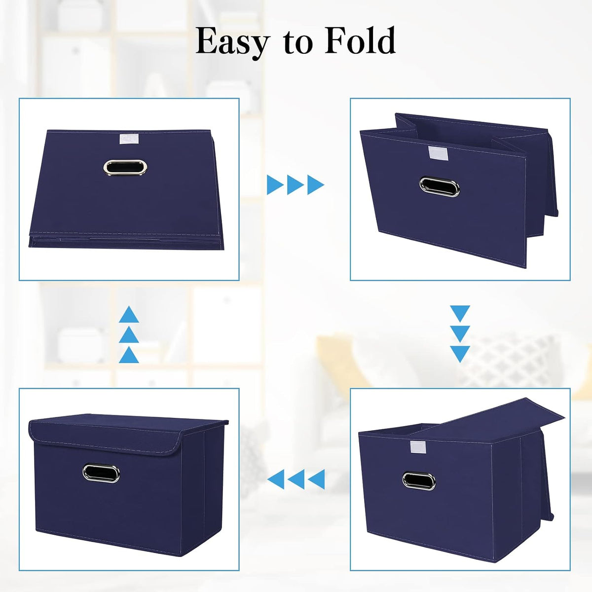 STOREONE Fabric Storage Cube Bins Foldable Organizer Container Collapsible Basket with Lids and Metal Handles, for Home, Bedroom, Closet 3 Pcs (Navy Blue)
