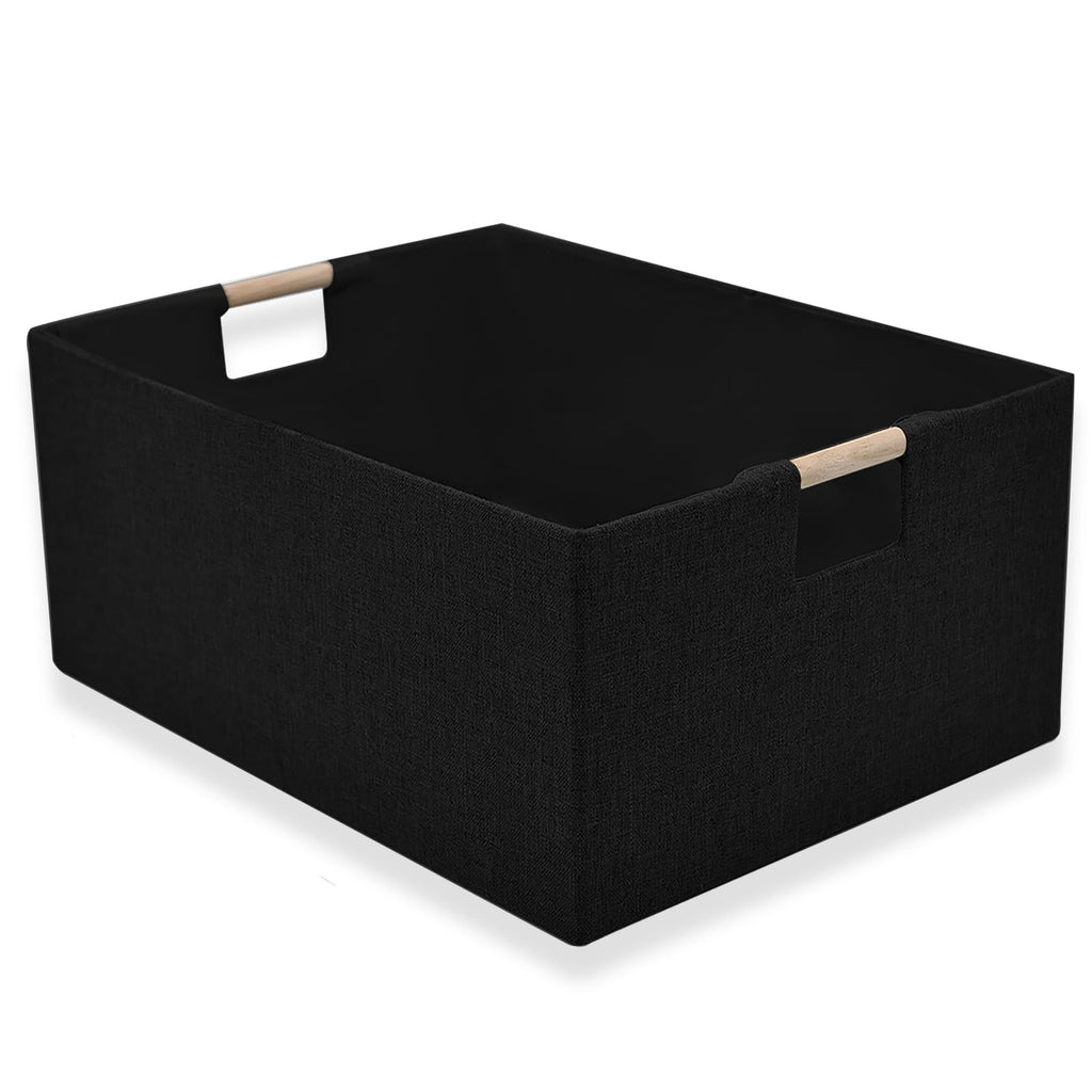 xianshengle Fabric Storage Basket for Shelves, Collapsible Storage Bins with wood Handles, Rectangle Closet Baskets, Wardrobe Organiser, for Sorting Clothes, Family Items (Black) (1)