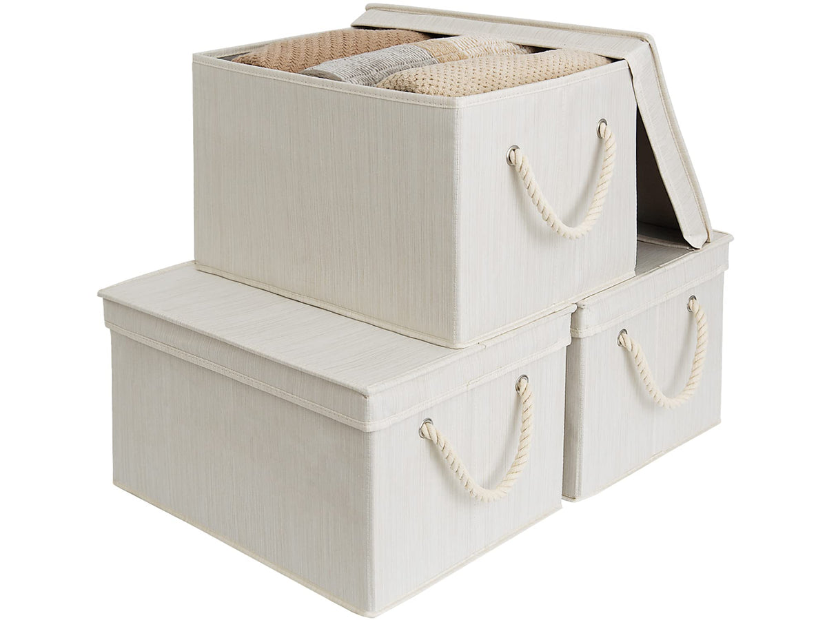 StorageWorks Storage Bins with Lids, Fabric Boxes for Closet, Slub White