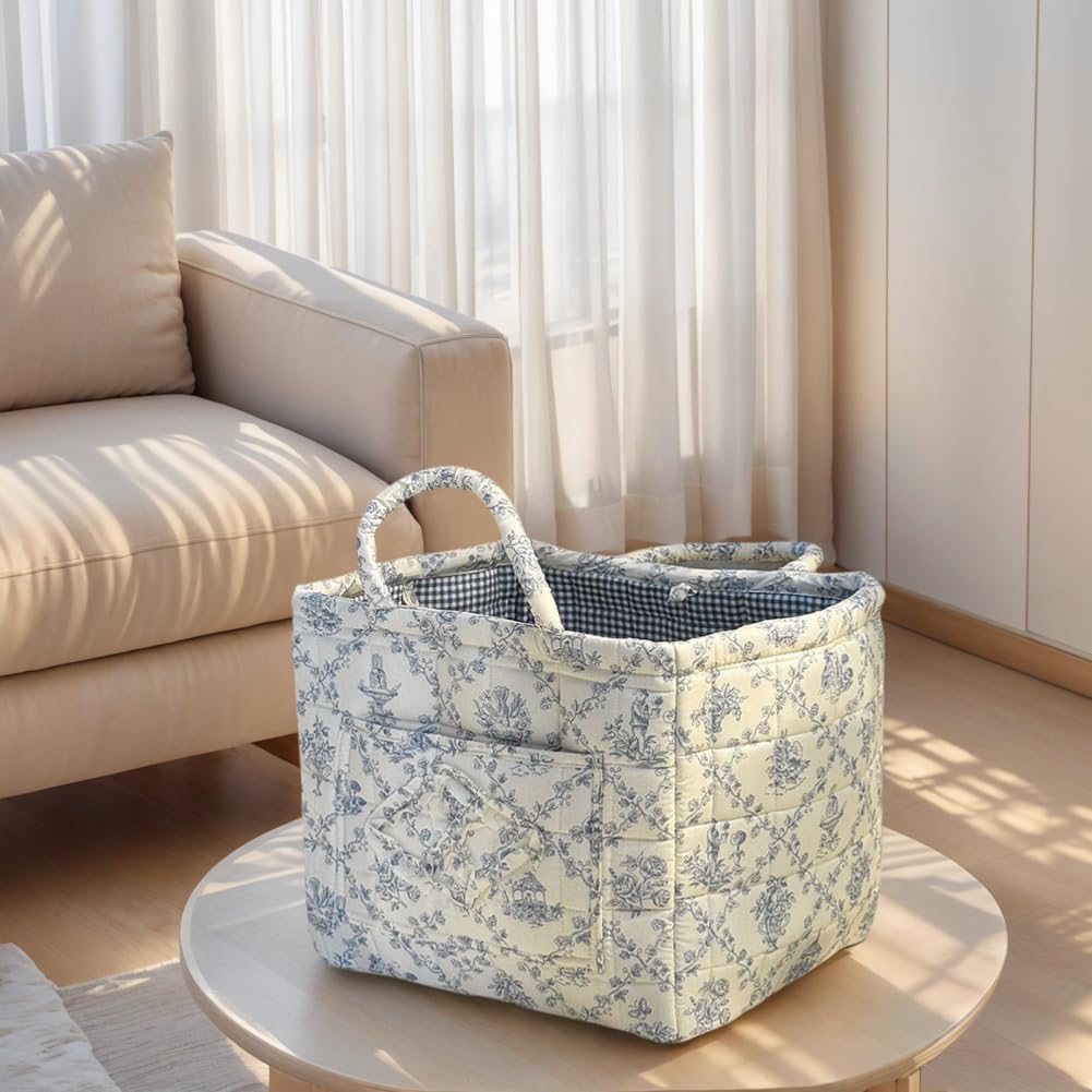 Foldable Laundry Basket Boho Bear Storage Basket Floral Quilted Fabric Car Storage Basket Handles Large Laundry Baskets for Clothes and Dolls