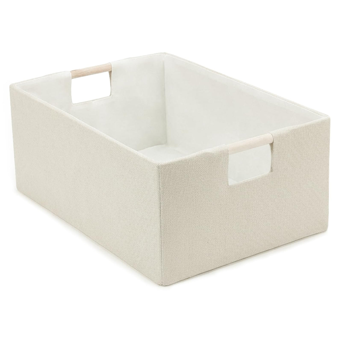 Foldable Fabric Storage Baskets Set of 2 for Shelves, Linen Decorative Storage Bins with Wooden Handles, Small Organizer Cubes for Closet, Rectangle Canvas Boxes for Organizing, Decor (Beige 2 Pack)
