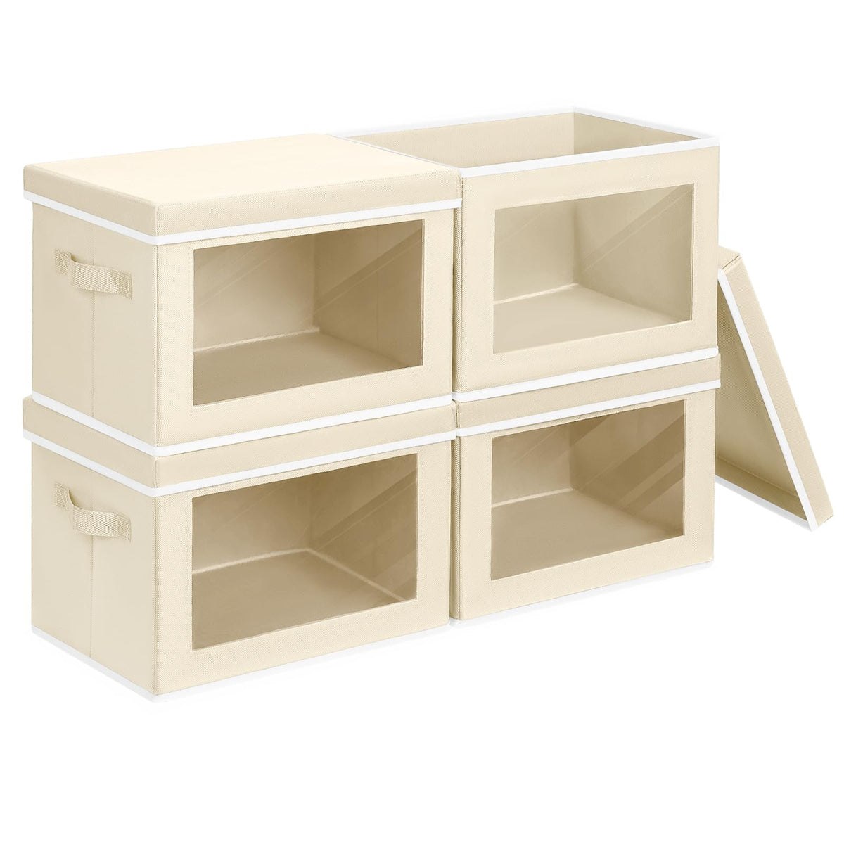 Homsorout Storage Bins with Lids - Fabric Closet Storage Bins with Window, Collapsible Baskets for Shelves 4 Pack, Home Decorative Boxes for Clothes, Closet, Office, Beige
