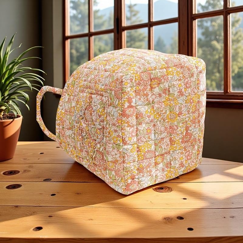 Quilted Fabric Storage Basket with Handles – Boho Foldable Floral Organizer Bin for Home, Picnic, Shopping, Travel 13"x11"x10" (Olive Floral)