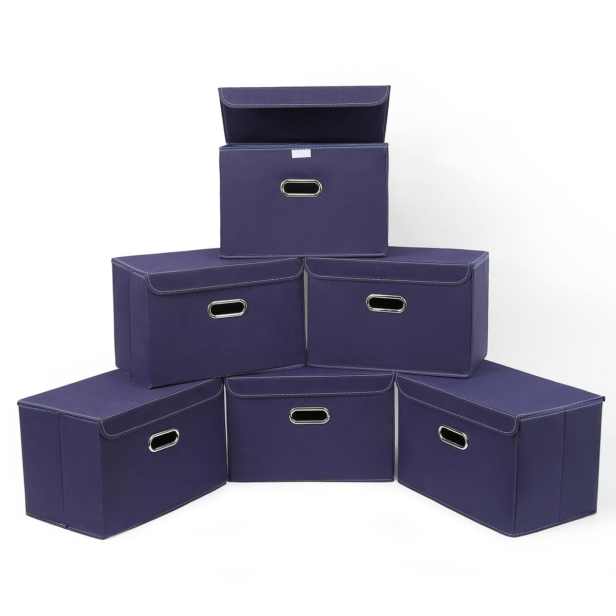 STOREONE Fabric Storage Cube Bins Foldable Organizer Container Collapsible Basket with Lids and Metal Handles, for Home, Bedroom, Closet 3 Pcs (Navy Blue)
