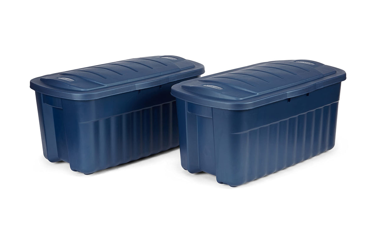 Rubbermaid Roughneck Tote 14 Gal, 6 Pack, Made in USA, Dark Indigo Metallic, Rugged Plastic Stackable Storage Bins with Lids and Handles