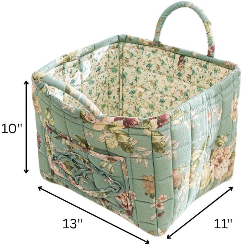 Quilted Fabric Storage Basket with Handles – Boho Foldable Floral Organizer Bin for Home, Picnic, Shopping, Travel 13"x11"x10" (Olive Floral)