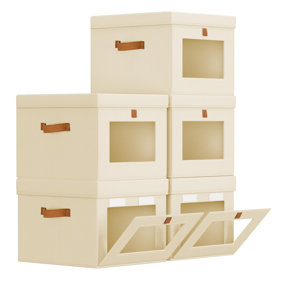 Homsorout Storage Bins with Lid – Closet Organizer with Side Opening and Clear Window, Foldable Stackable Fabric Basket for Clothes Storage, Bedroom, Nursery, Office, 3 Pack, Beige